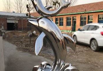 海豚雕塑-庭院母子款不锈钢镜面海豚雕塑