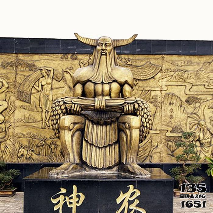 神农雕塑-中国神话传说人物五榖神农大帝玻璃钢仿铜雕塑像高清图片