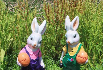 兔子雕塑-花园一对抱球彩绘树脂兔子雕塑