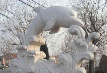 海豚雕塑-街边公园一只大号石雕水花上的海豚雕塑