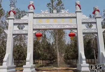 牌坊雕塑-新中式宗祠三门四柱乳山石雕牌坊