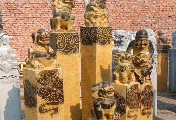 拴马柱雕塑-黄黑大理石人物狮子造型拴马柱雕塑
