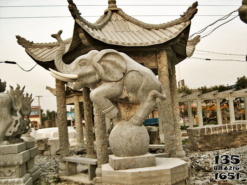 大象雕塑-户外凉亭创意在球上蹲着的砂石石雕大象雕塑高清图片