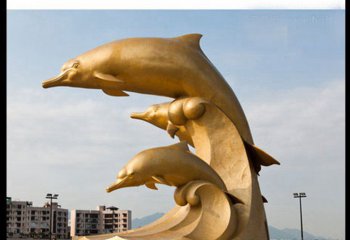 海豚雕塑-酒店门口三只黄铜海豚雕塑