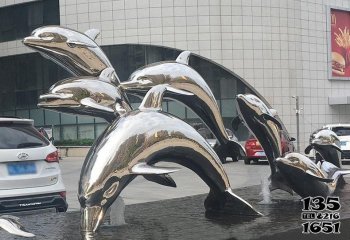 海豚雕塑-户外喷泉一群不锈钢海豚雕塑