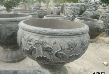 缸雕塑-庭院仿古做旧圆形莲花浮雕缸雕塑