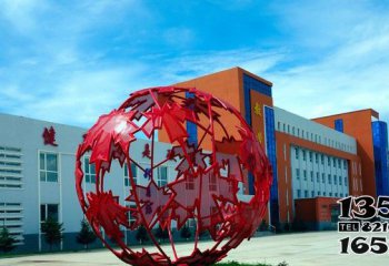 镂空球雕塑-公园创意铁艺红色枫叶镂空球雕塑