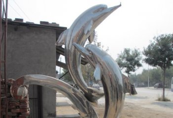 海豚雕塑-空中飞跃两只不锈钢海豚雕塑