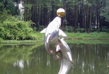 海豚雕塑-小河边两只游玩的不锈钢海豚雕塑
