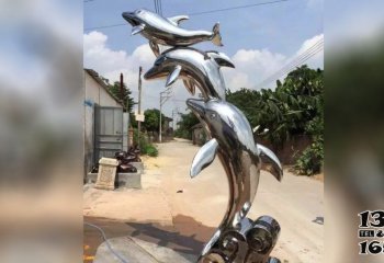 海豚雕塑-村庄摆放多个飞跃的不锈钢海豚雕塑