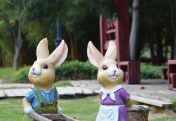 兔子雕塑-花园摆件两只忙碌的树脂兔子雕塑