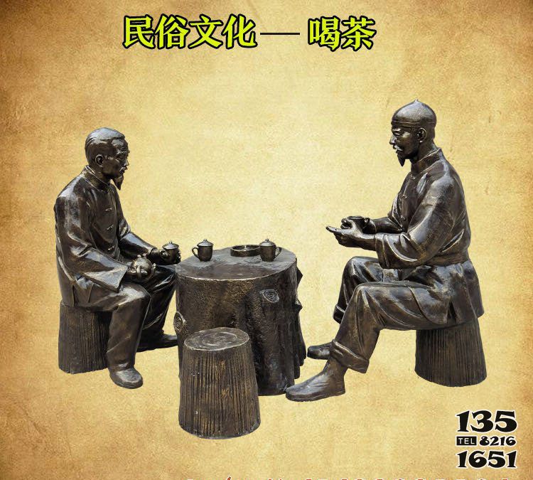 茶雕塑-景区坐着喝茶人物铜雕茶雕塑高清图片