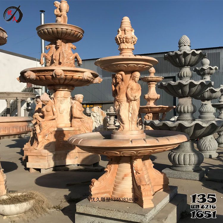 喷泉雕塑-欧式庭院西方人物晚霞红大理石雕喷泉高清图片