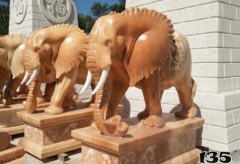 大象雕塑-酒店大型户外景观晚霞红石雕大型雕塑