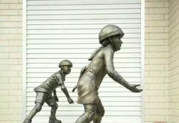儿童雕塑-城市街道铜雕小孩玩轮滑公园人物儿童雕塑