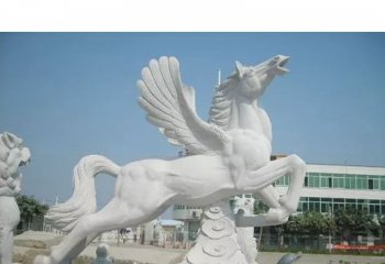 飞马雕塑-广场上摆放的仰天长啸的汉白玉石雕创意飞马雕塑
