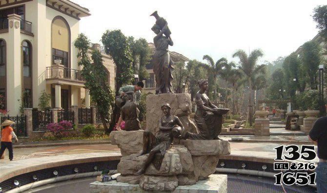 喷泉雕-别墅小区西方美女喷泉人物玻璃钢仿铜雕塑高清图片