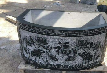 缸雕塑-方口青石石地垫浮雕莲花水缸雕塑