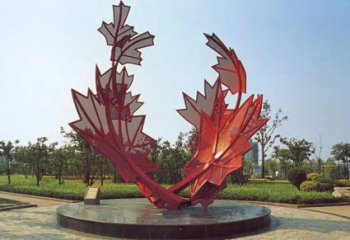 树叶雕塑-户外景区大型不锈钢镂空红色枫叶树叶雕塑