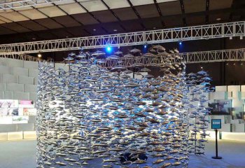 鱼雕塑-池塘景区一群空中旋转的不锈钢鱼雕塑