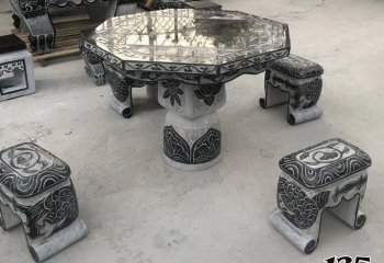桌椅雕塑-仿古八角大理石黑公园景观-石雕桌凳