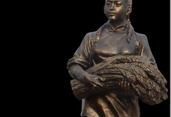 女性雕塑-农场人物铜雕抱着稻穗的女性雕塑