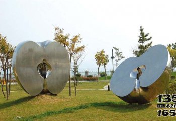苹果雕塑-学校草坪切面不锈钢公园半块苹果雕塑