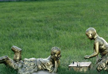 下棋雕塑-下跳棋的儿童公园人物铜雕