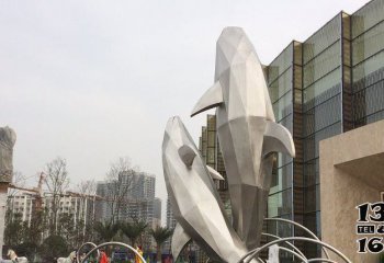 海豚雕塑-商业街两只跳跃的不锈钢海豚雕塑