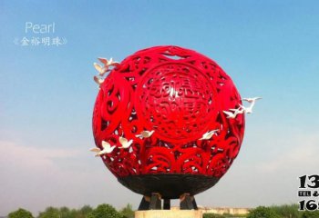 镂空球雕塑-广场城市不锈钢鸽子环绕红色镂空球雕塑