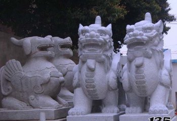 独角兽雕塑-公园里摆放的两只汉白玉石雕创意独角兽雕塑