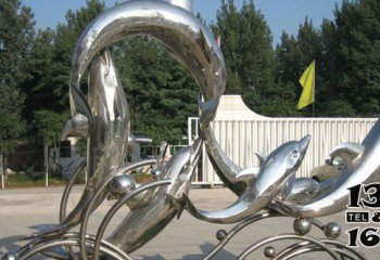 海豚雕塑-公园一群玩耍的不锈钢海豚雕塑