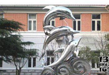 海豚雕塑-工厂飞跃一家三口不锈钢海豚雕塑