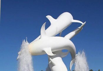 海豚雕塑-喷泉中飞跃多个白色不锈钢海豚雕塑