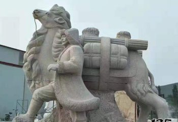 骆驼雕塑-公园摆放的人牵着的汉白玉石雕创意骆驼雕塑