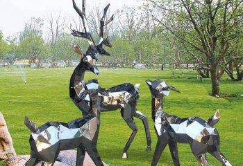 梅花鹿雕塑-几何不锈钢镜面户外玩耍的梅花鹿雕塑