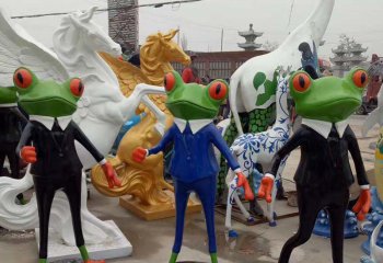 青蛙雕塑-游乐园三只走秀的玻璃钢青蛙雕塑