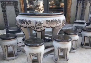 桌椅雕塑-别墅庭院摆放创意浮雕花纹大理石桌凳