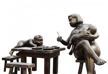 儿童雕塑-景区创意铜雕哺乳的母亲和吃饭的儿童雕塑