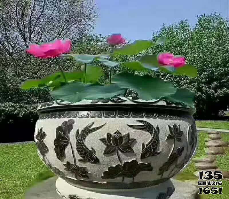 缸雕塑-公园荷花鲤鱼石浮雕水缸养花缸雕塑高清图片