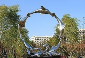 海豚雕塑-景区多只环形不锈钢海豚雕塑