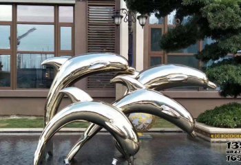 海豚雕塑-户外水池中四只抽象不锈钢海豚雕塑