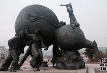 葫芦雕塑-广场少数民族人物和大葫芦铜雕