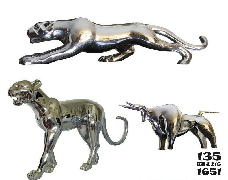 豹子雕塑-不锈钢镜面行走奔跑的的金钱豹雕塑高清图片