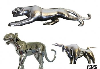 豹子雕塑-不锈钢镜面行走奔跑的的金钱豹雕塑