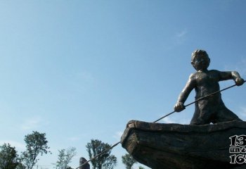 船雕塑-庭院园林小孩划船鎏金青铜船雕塑