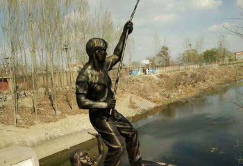 打渔雕塑-钓鱼者公园湖边人物玻璃钢仿铜雕塑