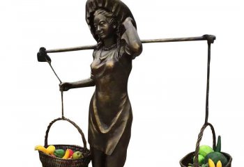女孩雕塑-景区铜雕挑着蔬菜水果的女孩雕塑
