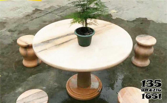 桌椅雕塑-别墅家用晚霞红石雕桌凳景观摆件小品