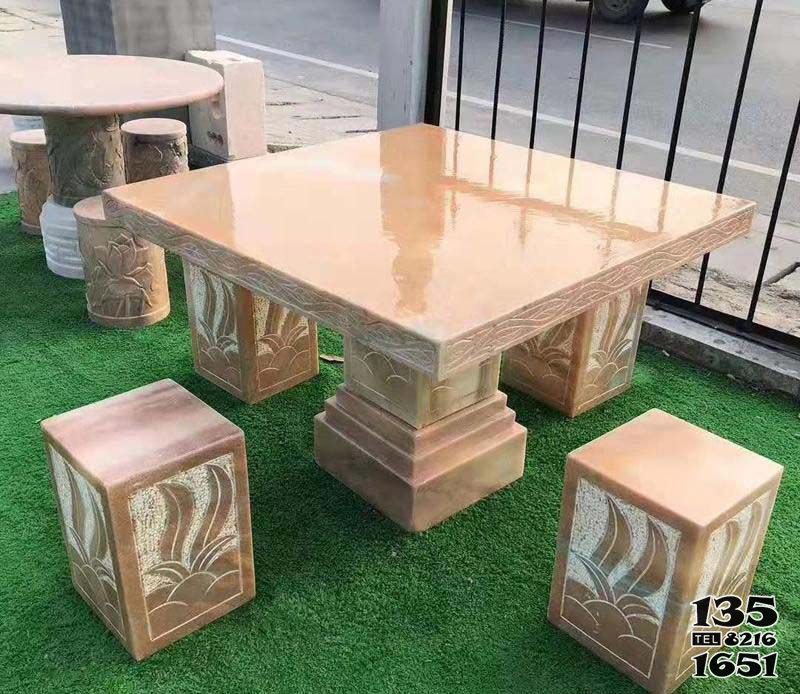 桌椅雕塑-晚霞红小区景观方形简约石桌凳装饰摆件高清图片